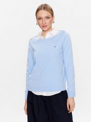 Tommy Hilfiger Sweter WW0WW37938 Błękitny Regular Fit. Niebieskie swetry damskie Tommy Hilfiger, xs, bez wzorów, z bawełny, bez kołnierzyka, bez ramiączek, bez kaptura. Za 549.99 zł.
