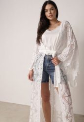 Biały Kardigan Ażurowa Narzutka z Materiałowym Paskiem Arisstea. Białe kardigany damskie Born2be, uniwersalny, z aplikacjami, z materiału, długie. Za 169.99 zł.