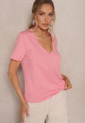 Różowy T-shirt z Bawełny z Dekoltem w Serek Nindriela. Czerwone bluzki damskie Renee, m, bez wzorów, z bawełny, bez kołnierzyka. Za 39.99 zł.