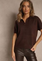 Brązowy Sweter z Wełną z Krótkim Rękawem i Dekoltem V z Kołnierzem Tevirna. Brązowe swetry damskie Renee, uniwersalny, bez wzorów, z jeansu, casualowe, bez kołnierzyka, bez ramiączek, krótkie, bez kaptura. Za 139.99 zł.