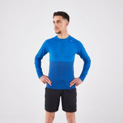 Koszulka do biegania z długim rękawem męska Kiprun Run 500. Niebieskie koszulki sportowe męskie KIPRUN, na jesień, m, bez wzorów, z materiału, bez kołnierzyka, bez ramiączek, do biegania. Za 99.99 zł.