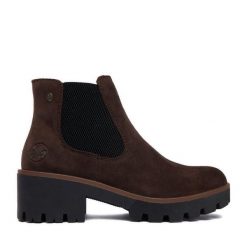 Botki Rieker. Brązowe botki damskie Rieker, bez obcasa, na słupku, bez zapięcia. Za 399.99 zł.