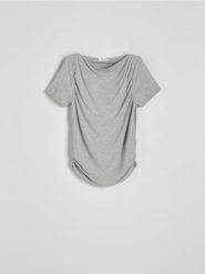 T-shirt z marszczeniem - ciemnoszary. Szare t-shirty damskie Reserved, l, bez wzorów, z dzianiny, bez kołnierzyka. W wyprzedaży za 25.99 zł.