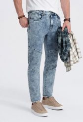 Ombre Spodnie męskie jeansowe slim fit z przeszyciem na kolanach - niebieskie V1 OM-PADP-0109 XXL. Niebieskie spodnie materiałowe męskie Ombre, m, bez wzorów, z jeansu. Za 99.99 zł.