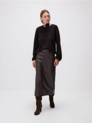 Sweter z dodatkiem wełny - ciemnobrązowy. Brązowe swetry damskie Reserved, l, bez wzorów, z dzianiny, bez kołnierzyka, bez ramiączek, bez kaptura. Za 149.99 zł.