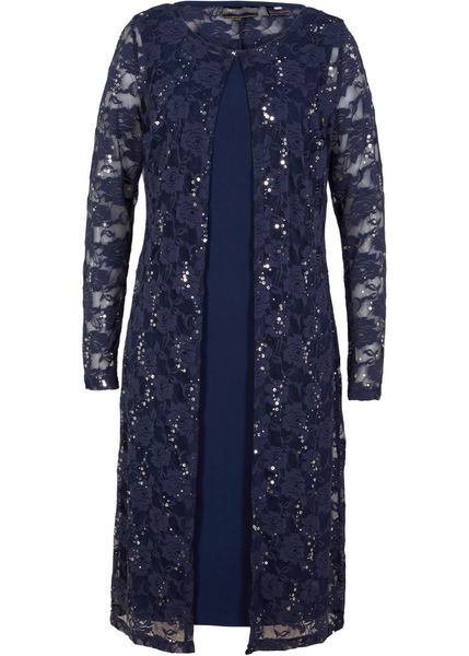 Sukienka z koronką (2 części). Niebieskie sukienki damskie bonprix, bez wzorów, z koronki, bez kołnierzyka, bez ramiączek. Za 249.99 zł.