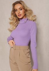 Fioletowy Golf z Prążkowanej Dzianiny z Nitami Itagi. Fioletowe swetry damskie Renee, z aplikacjami, z dzianiny, bez kołnierzyka, bez ramiączek, bez kaptura. Za 69.99 zł.