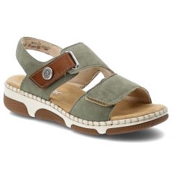 Sandały damskie Rieker, cholewka ze skóry ekologicznej zapinane na rzep z materiałowym wnętrzem, zielone, 66280-52. Zielone klapki damskie Rieker, bez wzorów, z materiału, bez obcasa. Za 319.00 zł.