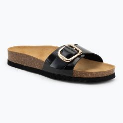 Klapki damskie Scholl Kathleen Printed Leather. Czarne klapki damskie Scholl, bez wzorów, z materiału, bez obcasa. Za 219.99 zł.