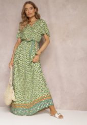 Zielona Sukienka Maxi z Paskiem i Gumką w Talii w Ornamentalny Wzór Calvim. Zielone sukienki damskie Renee, l, bez wzorów, bez kołnierzyka, bez ramiączek, maxi. Za 69.99 zł.