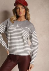 Szary Sweter z Bawełną Ozdobiony Haftowanym Napisem i Paskami Zeanika. Szare swetry damskie Renee, bez wzorów, z bawełny, casualowe, bez kołnierzyka, bez ramiączek, bez kaptura. Za 79.99 zł.