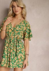 Zielono-Żółty Kombinezon w Kwiaty z Krótkim Rękawem z Gumką w Talii i Paskiem Biacelia. Zielone sukienki damskie Renee, na co dzień, l, bez wzorów, eleganckie, bez kołnierzyka, bez ramiączek, mini, proste. Za 39.99 zł.