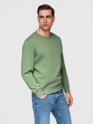Męska bluza dresowa BASIC z okrągłym dekoltem OM-SSBN-0271 - - Rozmiar: L. Zielone bluzy męskie Ombre Clothing, l, z aplikacjami, z bawełny, bez kaptura. W wyprzedaży za 118.99 zł.