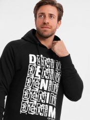 Męska bluza kangurka nierozpinana z kapturem i nadrukiem - czarna V1 - Rozmiar: XL. Czarne bluzy męskie Ombre Clothing, m, bez wzorów, z bawełny, z kapturem. W wyprzedaży za 49.99 zł.