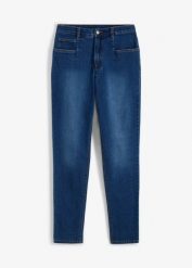 Jeansy mom ze stretchem, high waist. Niebieskie jeansy damskie bonprix, z podwyższonym stanem. Za 104.99 zł.