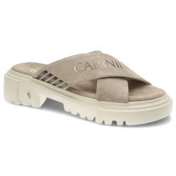 Beżowe Klapki Carinii Modne Skórzane Buty. Brązowe klapki damskie Carinii, z aplikacjami, ze skóry, bez obcasa, na płaskiej podeszwie, bez zapięcia. Za 279.00 zł.