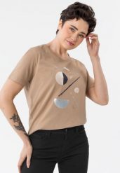 Koszulka z printem T-HAUS. Brązowe t-shirty damskie Volcano, m, bez wzorów, z bawełny, glamour, bez kołnierzyka. Za 59.99 zł.