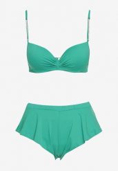 Zielone Bikini Góra z Regulowanymi Ramiączkami Ozdobionymi Cyrkoniami z Elastycznym Dołem w Zestawie Spodenki Kąpielowe z Gumką w Pasie Quilalia. Zielone bikini damskie Born2be, s, z aplikacjami. Za 44.99 zł.
