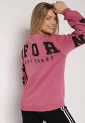 Różowa Ocieplana Bluza z Bawełną i Napisem z Tyłu Fezanda. Czerwone bluzy damskie Born2be, l, bez wzorów, z bawełny, bez kaptura. Za 69.99 zł.