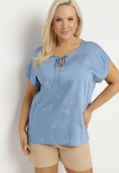 Niebieska Bluzka z Haftem i Sznurkiem Przy Dekolcie Mepaya. Niebieskie bluzki damskie Born2be, na lato, plus size, bez wzorów, eleganckie, bez kołnierzyka, plus size, bez ramiączek. Za 44.99 zł.
