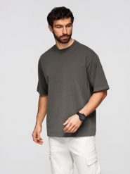 Męski t-shirt bawełniany LOOSE FIT z okrągłym dekoltem – szarozielony V3 - Rozmiar: L. Szare t-shirty męskie Ombre Clothing, l, bez wzorów, z bawełny, casualowe, bez kołnierzyka. Za 169.99 zł.