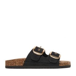 Klapki JENNY. Czarne klapki damskie Jenny, bez wzorów, bez obcasa. Za 99.99 zł.