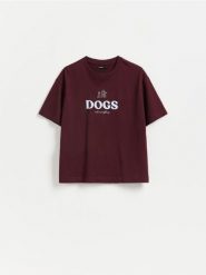 T-shirt z nadrukiem - bordowy. Czerwone t-shirty damskie Reserved, l, bez wzorów, z bawełny, bez kołnierzyka. Za 45.99 zł.