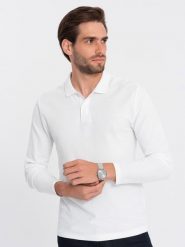 Longsleeve męski BASIC z kołnierzykiem polo – biały V1 OM-POBL-0114 - XXL. Białe bluzki z długim rękawem męskie Ombre Clothing, l, bez wzorów, z bawełny, biznesowe, bez kołnierzyka. Za 77.99 zł.