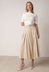 Beżowa Spódnica Rozkloszowana z Bawełną i Paskiem oraz Kieszniami Jorlea. Brązowe spódnice damskie Born2be, na lato, l, bez wzorów, z bawełny, boho, midi, koszulowe. Za 119.99 zł.