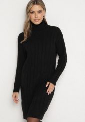 Czarna Sweterkowa Sukienka z Golfem Wełną i Bawełną Ozdobiona Splotem Reiania. Czarne sukienki damskie Born2be, do pracy, bez wzorów, z bawełny, biznesowe, bez kołnierzyka, bez ramiączek, proste. Za 79.99 zł.