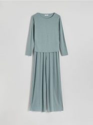 Dwuczęściowa piżama z dodatkiem wiskozy - morski. Zielone piżamy damskie Reserved, l, bez wzorów, z dzianiny, bez ramiączek. W wyprzedaży za 99.99 zł.