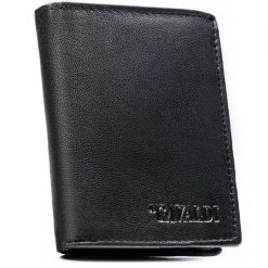 Pionowy, czarny portfel męski ze skóry naturalnej z systemem RFID bez zapięcia zewnętrznego - 4U Cavaldi. Czarne portfele męskie 4U Cavaldi, bez wzorów, ze skóry. Za 54.99 zł.