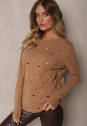 Ciemnobeżowy Elegancki Sweter z Delikatnymi Haftowanymi Zdobieniami z Przodu Reriala. Brązowe swetry damskie Renee, m, z aplikacjami, z jeansu, casualowe, bez kołnierzyka, bez ramiączek, długie, bez kaptura. Za 69.99 zł.
