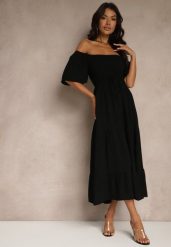 Czarna Wiskozowa Sukienka z Lnem o Rozkloszowanym Kroju Koloreia. Czarne sukienki damskie Renee, na co dzień, na lato, m, bez wzorów, z wiskozy, eleganckie, bez kołnierzyka, bez ramiączek, midi, rozkloszowane. Za 99.99 zł.