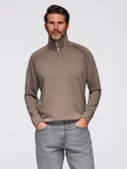 Bluza męska z kontrastowym nadrukiem i rozpinaną wysoką stójką szarobrązowa V3 OM-SSZP-0211 L. Brązowe bluzy męskie Ombre, l, bez wzorów, bez kaptura. Za 287.44 zł.