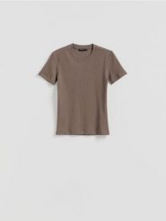 T-shirt w prążek - beżowy. Brązowe t-shirty damskie Reserved, l, bez wzorów, z bawełny, bez kołnierzyka. Za 59.99 zł.