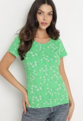 Zielony T-shirt z Bawełny w Kwiaty Savilisse. Zielone bluzki damskie Born2be, l, bez wzorów, z bawełny, klasyczne, bez kołnierzyka, bez ramiączek. Za 29.99 zł.