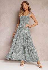 Jasnoniebieska Rozkloszowana Sukienka w Kwiaty na Ramiączkach Malaisia. Niebieskie sukienki damskie Renee, na spacer, na lato, l, bez wzorów, eleganckie, bez kołnierzyka, bez ramiączek, maxi, rozkloszowane. Za 74.99 zł.