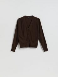 Kardigan z wełną - ciemnobrązowy. Brązowe kardigany damskie Reserved, l, bez wzorów, z dzianiny. Za 159.99 zł.