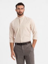 Koszula męska lniana ze stójką i kieszenią REGULAR FIT – kremowa V3 OM-SHCS-0161 - XXL. Białe koszule męskie Ombre Clothing, na lato, l, bez wzorów, z bawełny, bez kołnierzyka, bez ramiączek. Za 131.99 zł.