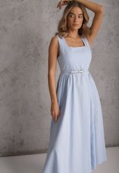 Niebieska Bawełniano-Wiskozowa Sukienka na Szerokich Ramiączkach z Wąskim Paskiem Alcassa. Niebieskie sukienki dla dziewczynek Renee, bez wzorów, z bawełny, eleganckie, bez ramiączek. Za 179.99 zł.