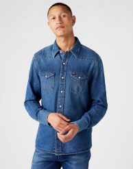 WRANGLER 27MW 1YEAR MĘSKA KOSZULA JEANSOWA JEANS W5MSLW924 112130248. Białe koszule męskie Wrangler, m, bez wzorów, z bawełny, biznesowe, bez kołnierzyka, bez ramiączek. Za 169.99 zł.