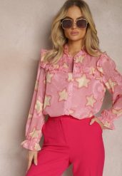 Różowa Koszula Ozdobiona Falbankami i Wzorem w Gwiazdki Limixa. Czerwone bluzki damskie Renee, l, bez wzorów, bez kołnierzyka, bez ramiączek. Za 119.99 zł.