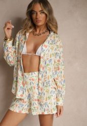 Beżowa Bawełniana Koszula w Kwiatowy Wzór Nilaira. Brązowe bluzki damskie Renee, l, bez wzorów, z bawełny, eleganckie, bez kołnierzyka, bez ramiączek. Za 129.99 zł.