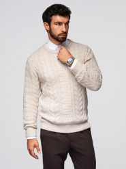 Elegancki sweter męski z ciekawym splotem – ecru V1 - Rozmiar: XL. Swetry przez głowę męskie Ombre Clothing, m, bez wzorów, z bawełny, bez kołnierzyka. W wyprzedaży za 136.49 zł.