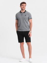 Szorty męskie SLIM FIT ze strukturalnej dzianiny - czarne V2. Czarne szorty męskie Ombre Clothing, m, bez wzorów, z bawełny, wizytowe. W wyprzedaży za 49.99 zł.