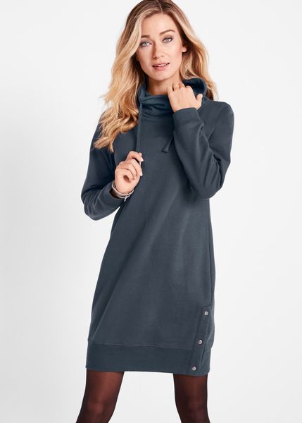 Sukienka dresowa z czystej bawełny. Niebieskie sukienki damskie bonprix, bez wzorów, z bawełny, bez kołnierzyka, bez ramiączek. Za 137.99 zł.