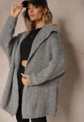 Szary Kardigan z Domieszką Wełny i Wiskozy Zdobiony Szerokim Kołnierzem Venvella. Szare kardigany damskie Renee, z aplikacjami, z jeansu, biznesowe, bez kołnierzyka, bez ramiączek, długie, bez kaptura. Za 169.99 zł.