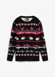 Sweter dziecięcy z bożonarodzeniowym motywem. Czarne swetry dla chłopców bonprix, bez wzorów, bez kołnierzyka, bez kaptura. Za 84.99 zł.