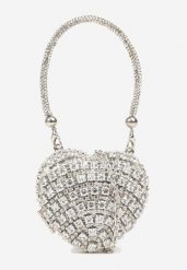 Srebrna Koktajlowa Torebka Serce Ozdobiona Cyrkoniami Deodore. Szare torby na ramię damskie Renee, bez wzorów, eleganckie, małe, bez dodatków. Za 39.99 zł.